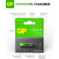 Батарейки GP ААА мизинчиковые алкалиновые Ultra Plus Alkaline, набор 4 шт (24AUPA21-BC4) 15783883