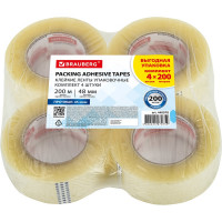 Клейкие ленты BRAUBERG 48 мм х 200 м, упаковочные, комплект 4 шт., прозрачные, 440078