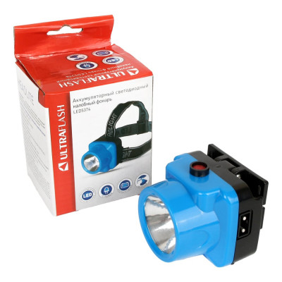 Налобный аккумуляторный фонарь, 220В, голубой, 0.4Вт LED, 1 режим, пластик Ultraflash LED5374 12427
