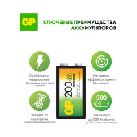Перезаряжаемые аккумуляторы GP 20R8H 9V Крона 1 шт. в блистере. 20R8H-2CRU1 20R8H-2CRU1 15920400