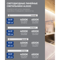 Светодиодный линейный светильник FERON 6500K 18W, AL5020 32410