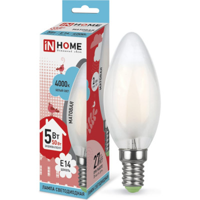 IN HOME Лампа сд LED-СВЕЧА-deco 5Вт 230В Е14 4000К 450Лм матовая 4690612006765