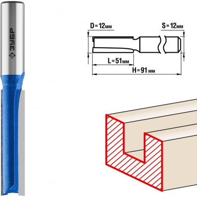 Удлиненная пазовая прямая фреза ЗУБР ПРОФ. 28754-12-51