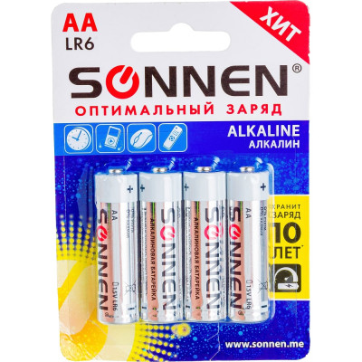 SONNEN Батарейки Alkaline, АА алкалиновые, 4 шт., в блистере, 451085