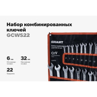 Набор комбинированных ключей Gigant 22 шт. в сумке, Сталь Cr-V, 6-32мм, GCWS22