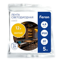 Светодиодная LED лента FERON LS603, 60SMD(2835)/м 4.8Вт/м 5м IP20 12V желтый 27670
