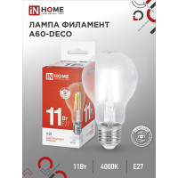 Светодиодная лампа IN HOME LED-A60-deco 11Вт 230В Е27 4000К 1160Лм прозрачная 4690612026145