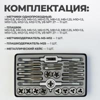 Набор метчиков и плашек М5-М12 WIEDERKRAFT 24 предмета, метрическая резьба WDK-DTM3024