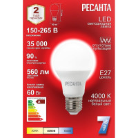 Светодиодная лампа Ресанта LL-R-A60-7W-230-4K-E27 /груша, 7Вт, нейтральный, Е27/ 76/1/12