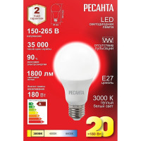Светодиодная лампа Ресанта LL-R-A80-20W-230-3K-E27 (груша, 20Вт, тепл., Е27) 76/1/21