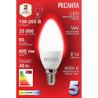Светодиодная лампа Ресанта LL-R-C37-5W-230-4K-E14 (свеча, 5Вт, нейтр., Е14) 76/1/2