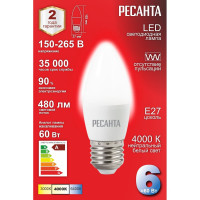 Светодиодная лампа Ресанта LL-R-C37-6W-230-4K-E27 (свеча, 6Вт, нейтр., Е27) 76/1/10