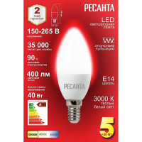 Светодиодная лампа Ресанта LL-R-C37-5W-230-3K-E14 (свеча, 5Вт, тепл., Е14) 76/1/1