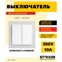 Выключатель STEKKER 2-клавишный, 220V, 10А, серия Эрна, белый, PSW10-9004-01 39044