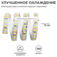 Светодиодная лента Apeyron 24В, 18Вт/м, smd2835, 168 д/м, IP20, 2000Лм/м, подложка 10мм, 5м, 6500К 00-300
