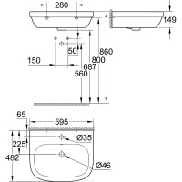 Подвесная раковина Grohe Euro Ceramic, ширина 60 см 39335000