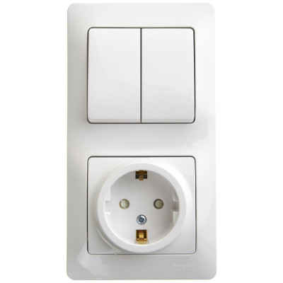 Блок розетка с заземлением со шторками + 2 клавишный выключатель Systeme Electric GLOSSA БЕЛЫЙ GSL000174