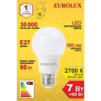 Светодиодная лампа Eurolux LL-E-A60-7W-230-2,7K-E27/груша, 7Вт, теплый белый, Е27 76/2/11