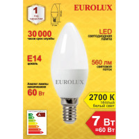 Светодиодная лампа Eurolux LL-E-C37-7W-230-2,7K-E14/свеча, 7Вт, теплый белый, Е14 76/2/7