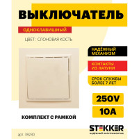 Выключатель STEKKER 1-клавишный, 220V, 10А, серия Эрна, слоновая кость, PSW10-9003-02 39230