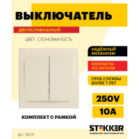 Выключатель STEKKER 2-клавишный, 220V, 10А, серия Эрна, слоновая кость, PSW10-9004-02 39231