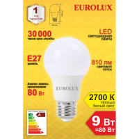 Светодиодная лампа Eurolux LL-E-A60-9W-230-2,7K-E27/груша, 9Вт, теплый белый, Е27 76/2/13