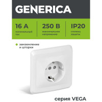 Розетка GENERICA 1местн. c з/к c защ.штор. 16А ВЕГА белый ERV14-K01-16-DM