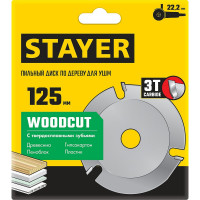 Диск пильный STAYER Woodcut по дереву для УШМ, 125х22,2мм, 3 резца 36854-125