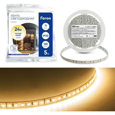 FERON Лента светодиодная 120SMD /м 11Вт/м 24V 5000х8х1.22мм 3000К, LS501 41056