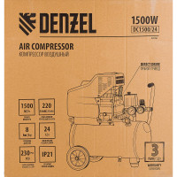 Воздушный компрессор с прямым приводом DENZEL DC1500/24, 1,5 кВт, 24 литра, 220 л/мин/ 58160