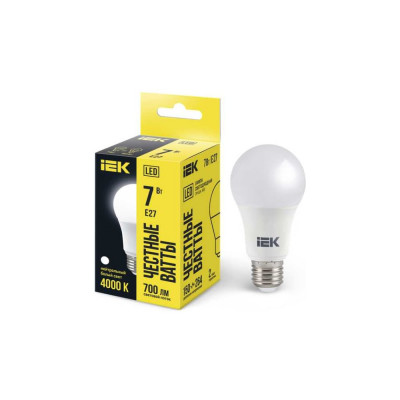 Лампа IEK LED, A60, 7вт, 230В, 4000К, E27 LLE-A60-7-230-40-E27