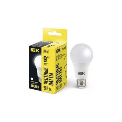 Лампа IEK LED, A60, 9вт, 230В, 4000К, E27 LLE-A60-9-230-40-E27