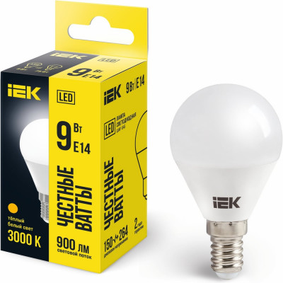 Лампа IEK LED, G45, шар, 9вт, 230В, 3000К, E14 LLE-G45-9-230-30-E14