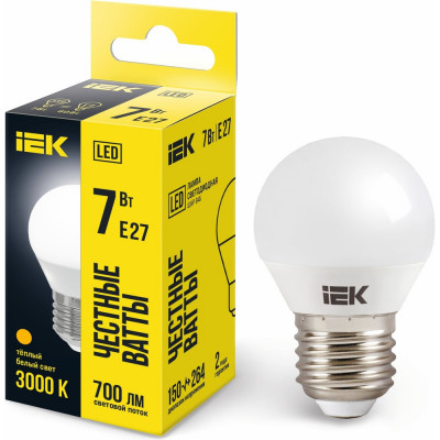 Лампа IEK LED, G45, шар, 7вт, 230В, 3000К, E27 LLE-G45-7-230-30-E27