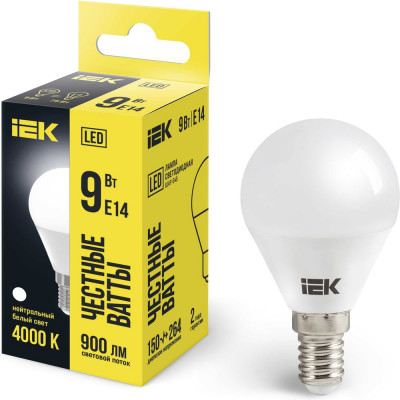 Лампа IEK LED, G45, шар, 9вт, 230В, 4000К, E14 LLE-G45-9-230-40-E14