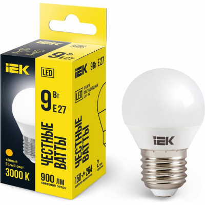 Лампа IEK LED, G45, шар, 9вт, 230В, 3000К, E27 LLE-G45-9-230-30-E27
