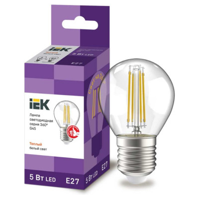 Лампа IEK серия 360, LED, G45, шар прозрачный, 5вт, 230В, 3000К, E27 LLF-G45-5-230-30-E27-CL