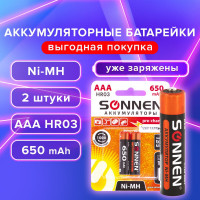 Аккумуляторные батарейки SONNEN AAA HR03 Ni-Mh 650mAh 2шт в блистере 454236