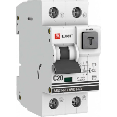 EKF Дифференциальный автом. АВДТ-63 20А 30мА хар-ка C, эл-мех тип AС 6кА PROxima DA63-20-30-AC