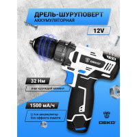 Аккумуляторная дрель-шуруповёрт DEKO GCD12DU3 SNOW WHITE SET1, 12В, 32 Нм, 1х1.5 Ач, з/у 063-4170