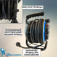 Удлинитель на катушке силовой Electraline FIXED PLATE с 4 гнезд.и защитой от перегруз.каб. H07RN-F 49030