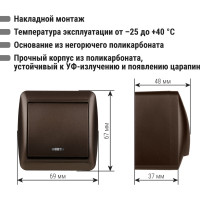 Выключатель с подсветкой одноклавишный накладной IP44 TDM ELECTRIC 10А шоколад, серия "Селигер" SQ1818-0203