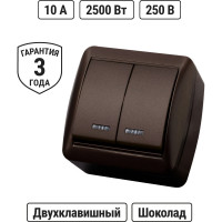 Выключатель с подсветкой двухклавишный накладной IP44 TDM ELECTRIC 10А шоколад, серия "Селигер" SQ1818-0204