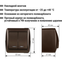 Выключатель с подсветкой двухклавишный накладной IP44 TDM ELECTRIC 10А шоколад, серия "Селигер" SQ1818-0204