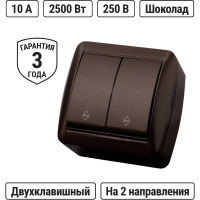 Выключатель на 2 направления двухклавишный накладной IP44 TDM ELECTRIC 10А шоколад, серия "Селигер" SQ1818-0212