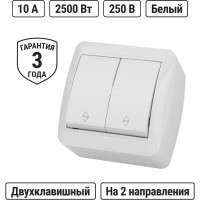 Выключатель на 2 направления двухклавишный накладной, белый IP44 TDM ELECTRIC 10А, серия "Селигер" SQ1818-0012