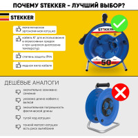 4-местный удлинитель на металлической катушке STEKKER с заземлением, 50м, 3х2,5 морозостойкий Professional, PRF02-41-50, синий 39297