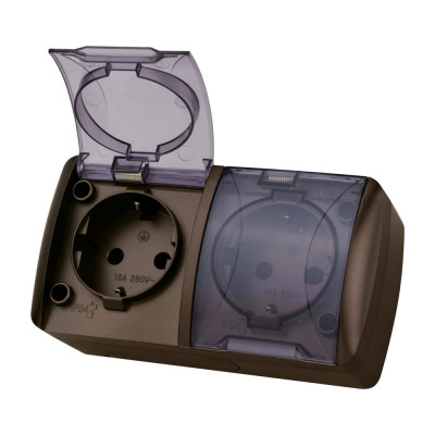 Двойная розетка TDM ELECTRIC 2П+3 открытой установки IP54 16А с прозрачной крышкой шоколад "Селигер" SQ1818-0209