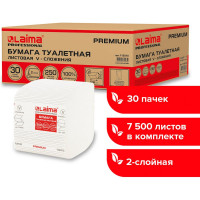 Листовая туалетная бумага LAIMA T3 PREMIUM 250 шт, 2 слоя, белая, 21х11 см, комплект 30 пачек 112515