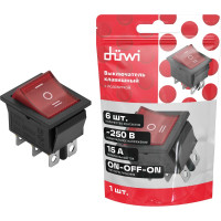 Клавишный выключатель duwi красный с подсветкой 6 контактов, 250В, 16А, ВКЛ-ВЫКЛ-ВКЛ тип RWB-509, 26842 0